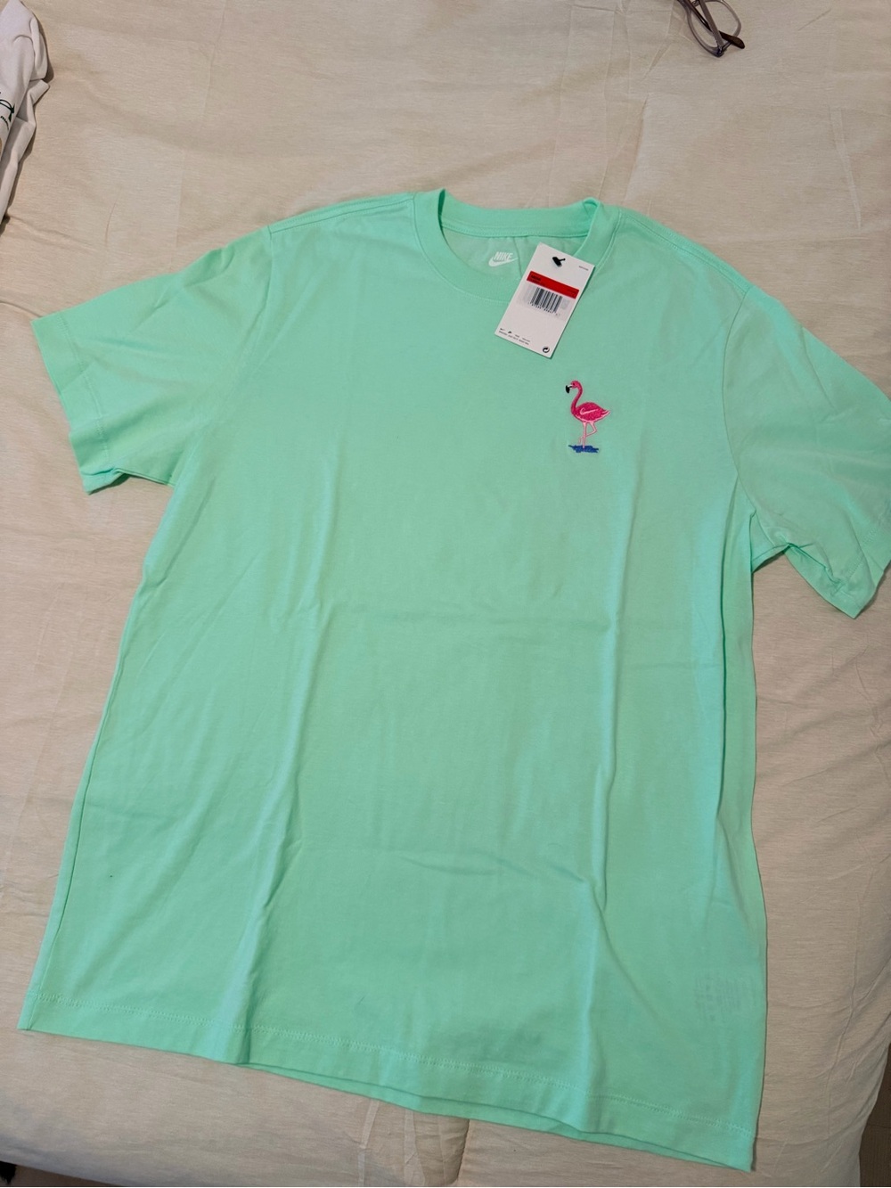 Nike Mint Green T-Shirt with Pink Flamingo Embroidery